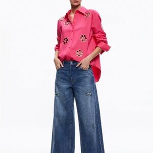 Alice + Olivia Pink Button-Up Shirt with Floral Embellishment